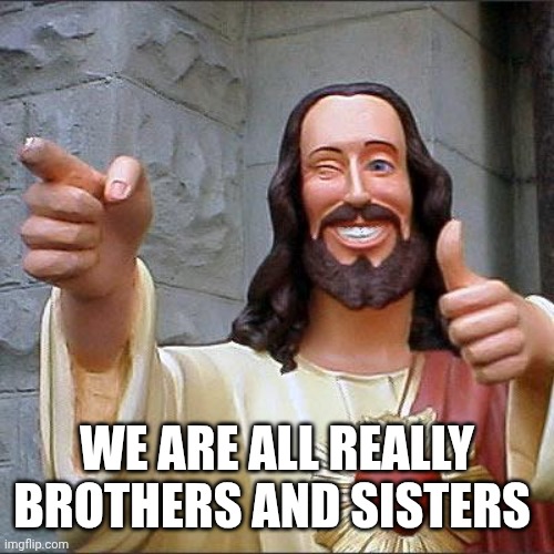 WE ARE ALL REALLY BROTHERS AND SISTERS | image tagged in memes,buddy christ | made w/ Imgflip meme maker