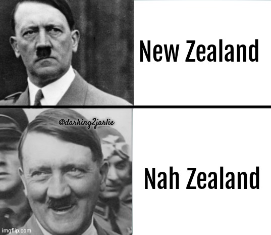 Nazi Land | New Zealand; @darking2jarlie; Nah Zealand | image tagged in hitler hotline bling,hitler | made w/ Imgflip meme maker