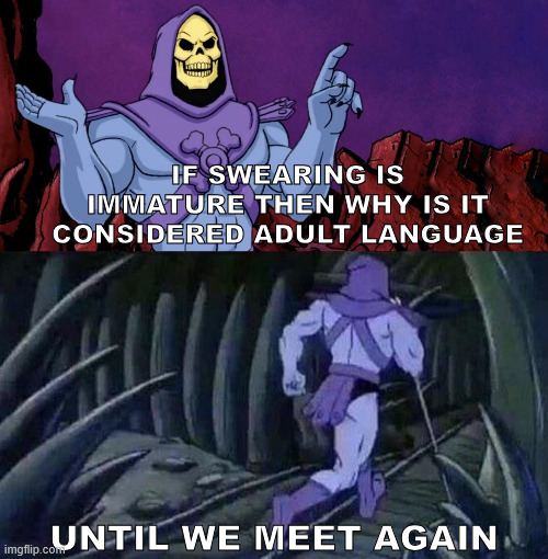 Hmmmmm | IF SWEARING IS IMMATURE THEN WHY IS IT CONSIDERED ADULT LANGUAGE; UNTIL WE MEET AGAIN | image tagged in he man skeleton advices,swearing,skeletor,immature,funny,idk | made w/ Imgflip meme maker