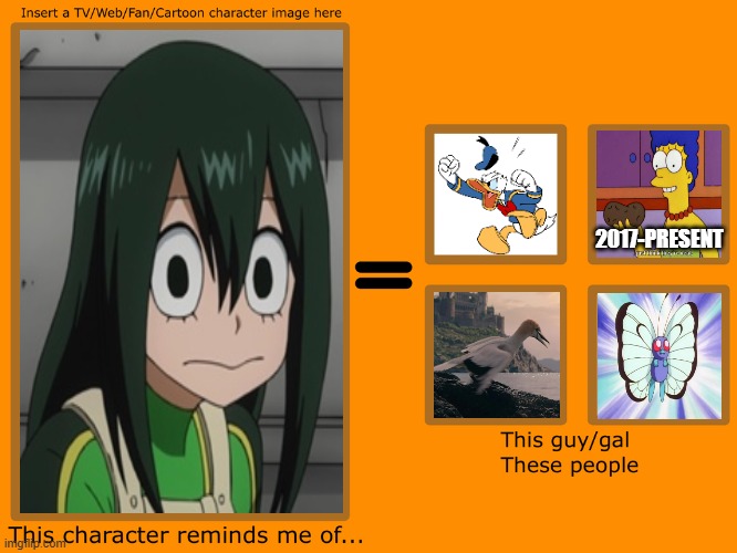 asui reminds me of those characters | 2017-PRESENT | image tagged in this character reminds me of who,donald duck,the simpsons,the little mermaid,butterfree,my hero academia | made w/ Imgflip meme maker