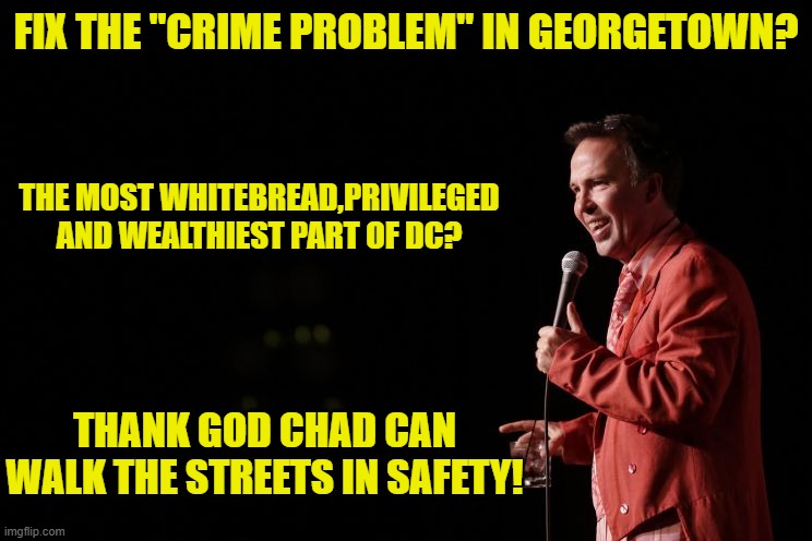 FIX THE "CRIME PROBLEM" IN GEORGETOWN? THE MOST WHITEBREAD,PRIVILEGED AND WEALTHIEST PART OF DC? THANK GOD CHAD CAN WALK THE STREETS IN SAFE | made w/ Imgflip meme maker