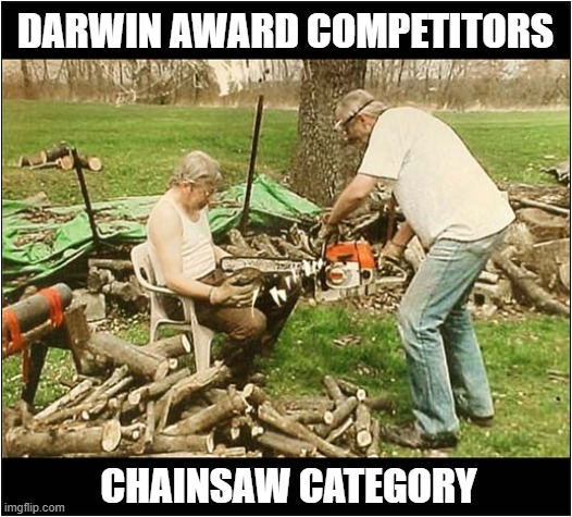 Will You Hold Still ! | DARWIN AWARD COMPETITORS; CHAINSAW CATEGORY | image tagged in darwin award,chainsaw,dark humour | made w/ Imgflip meme maker