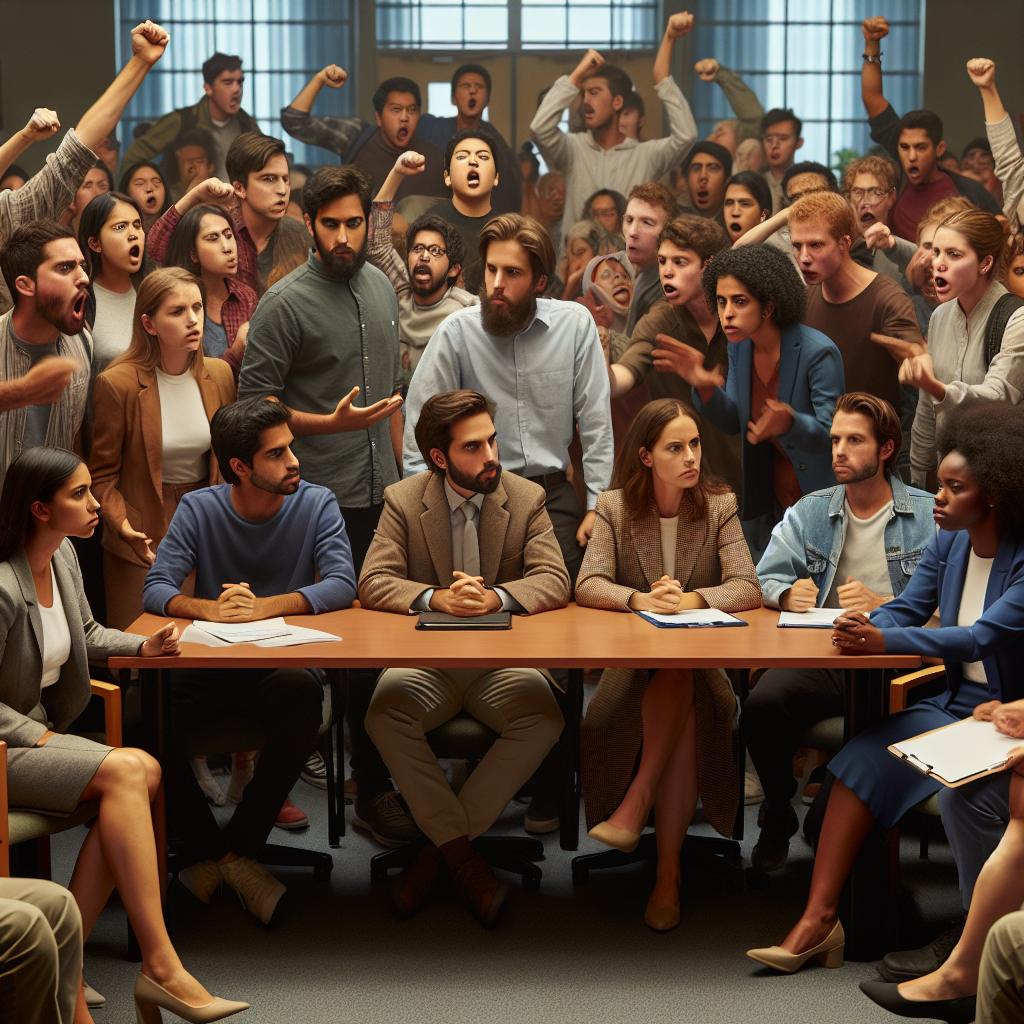 student council vs a lot of angry people. The main person looks Blank Meme Template