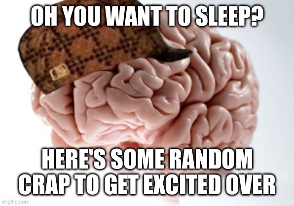 My brain | OH YOU WANT TO SLEEP? HERE'S SOME RANDOM CRAP TO GET EXCITED OVER | image tagged in memes,scumbag brain | made w/ Imgflip meme maker