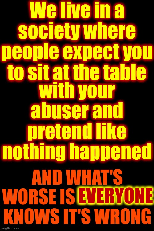 If You Enable And Protect Abusers You're Enabling The Abuse Which Makes You As Bad As The Abusers | We live in a society where people expect you to sit at the table; with your abuser and pretend like nothing happened; AND WHAT'S WORSE IS EVERYONE KNOWS IT'S WRONG; EVERYONE | image tagged in memes,abusers,bullies,domestic violence,domestic abuse,stand up | made w/ Imgflip meme maker