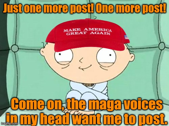 stewie straight jacket | Just one more post! One more post! Come on, the maga voices in my head want me to post. | image tagged in stewie straight jacket | made w/ Imgflip meme maker