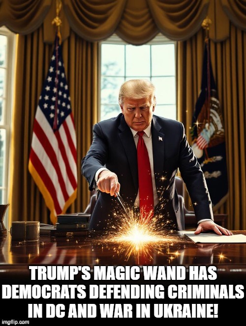 It's magic! | TRUMP'S MAGIC WAND HAS DEMOCRATS DEFENDING CRIMINALS IN DC AND WAR IN UKRAINE! | image tagged in magician | made w/ Imgflip meme maker