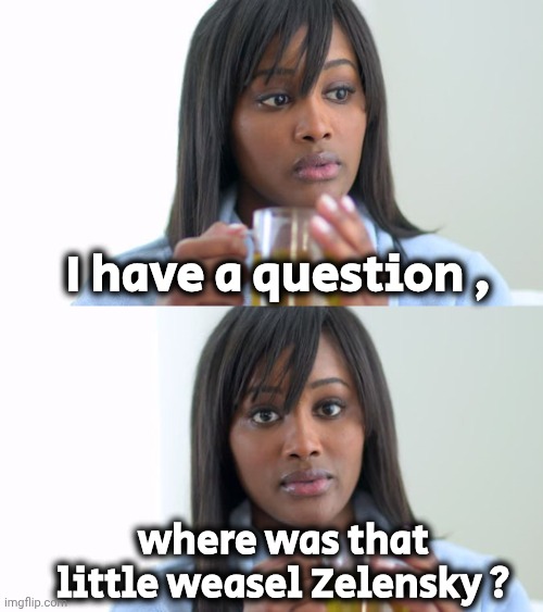 Black Woman Drinking Tea (2 Panels) | I have a question , where was that little weasel Zelensky ? | image tagged in black woman drinking tea 2 panels | made w/ Imgflip meme maker