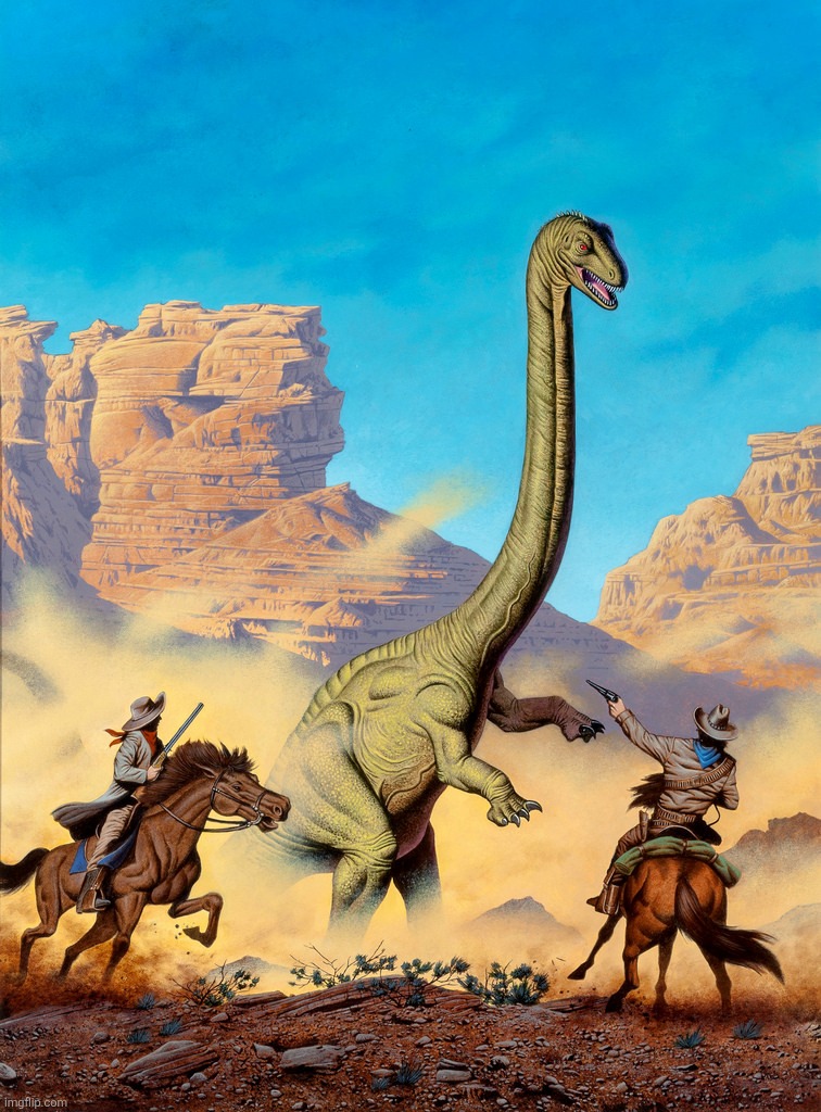 Pulp Art...Let's play Cowboys & Dinosaurs | image tagged in pulp art let's play cowboys dinosaurs | made w/ Imgflip meme maker