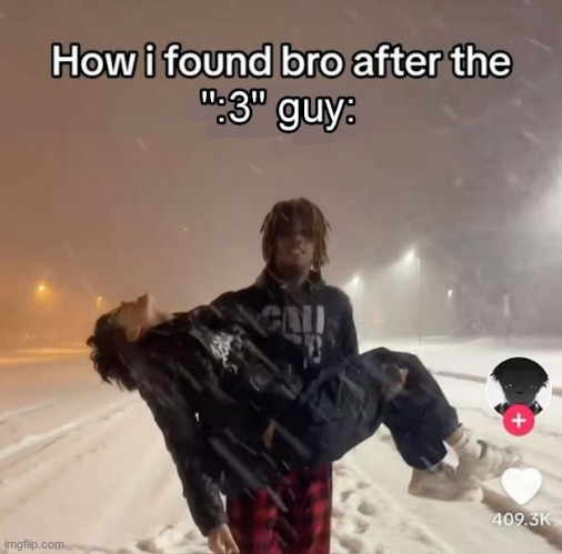 "first victim :3" ass image | image tagged in the colon three guy | made w/ Imgflip meme maker