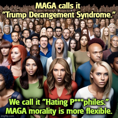 MAGA calls it 
"Trump Derangement Syndrome."; We call it "Hating P***philes." MAGA morality is more flexible. | image tagged in trump,trump derangement syndrome,maga,pedo,jeffrey epstein,ghislaine maxwell | made w/ Imgflip meme maker