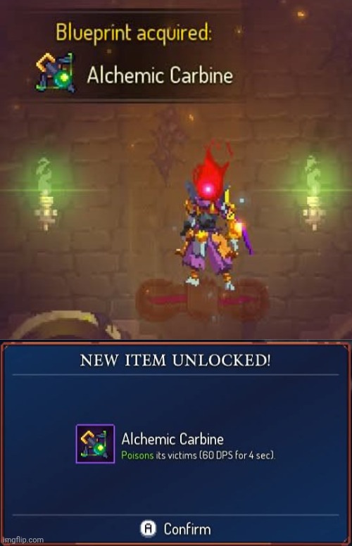 Secret weapon blueprint acquired | image tagged in dead cells,gaming,video games,nintendo switch,screenshots | made w/ Imgflip meme maker