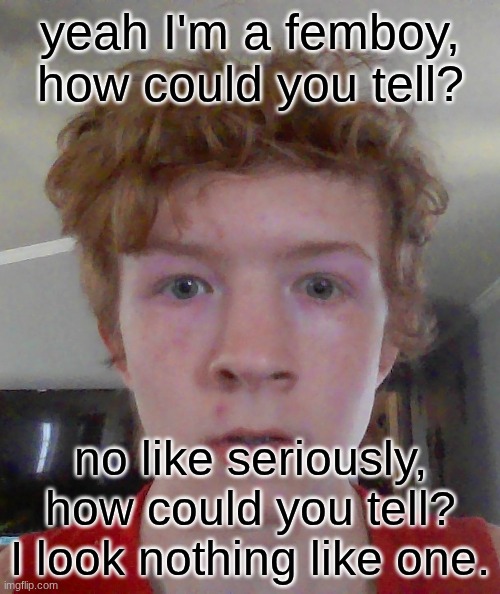 street rat ptsd | yeah I'm a femboy, how could you tell? no like seriously, how could you tell? I look nothing like one. | image tagged in street rat ptsd | made w/ Imgflip meme maker