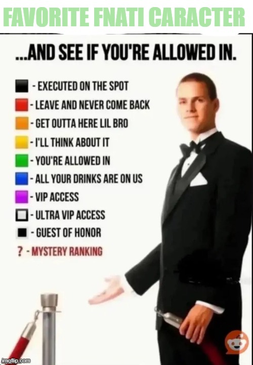 Repost this image and see if you’re allowed in | FAVORITE FNATI CARACTER | image tagged in repost this image and see if you re allowed in | made w/ Imgflip meme maker