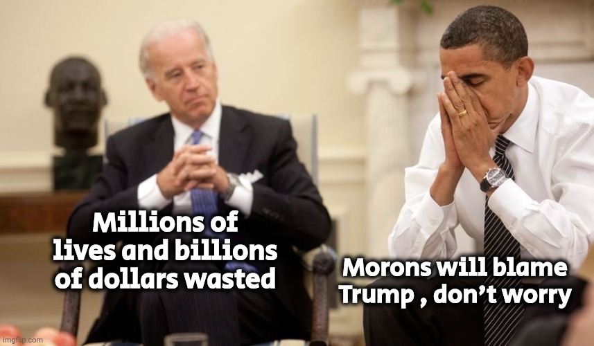 Biden Obama | Millions of lives and billions of dollars wasted Morons will blame Trump , don't worry | image tagged in biden obama | made w/ Imgflip meme maker