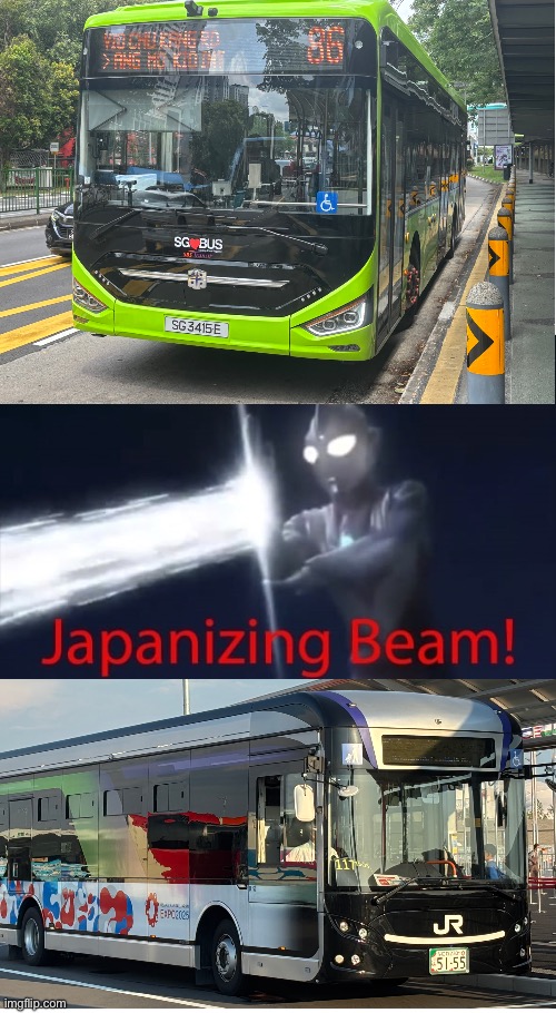 Japan deployed its own electric buses like Singapore | image tagged in japanizing beam,electricbus,bus,japanbus,singaporebus | made w/ Imgflip meme maker