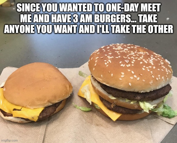 Burger comparison | SINCE YOU WANTED TO ONE-DAY MEET ME AND HAVE 3 AM BURGERS... TAKE ANYONE YOU WANT AND I'LL TAKE THE OTHER | image tagged in burger comparison | made w/ Imgflip meme maker