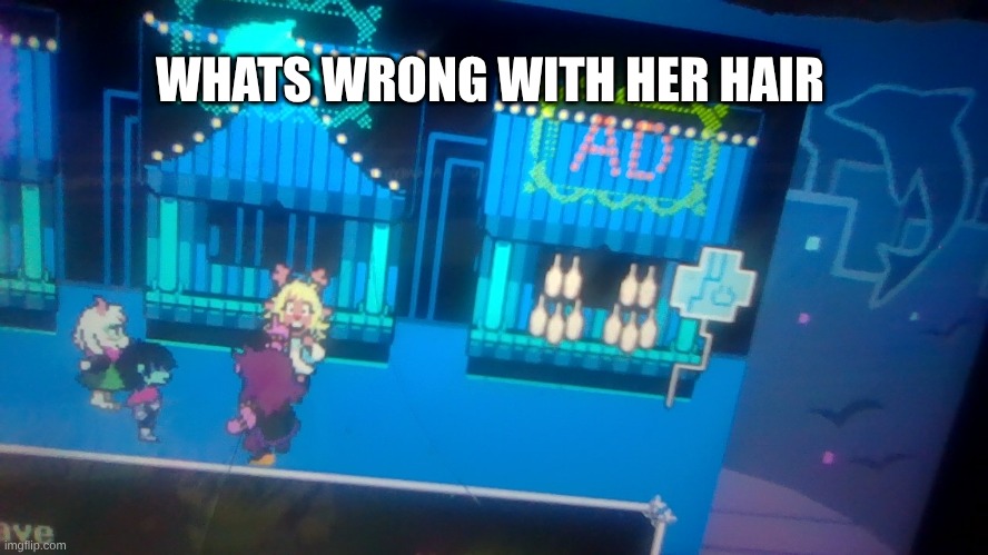 susie is pointing at noelle's hair | WHATS WRONG WITH HER HAIR | image tagged in deltarune | made w/ Imgflip meme maker