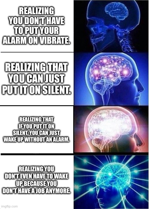 The 4 Stages Of Unemployment | REALIZING YOU DON'T HAVE TO PUT YOUR ALARM ON VIBRATE. REALIZING THAT YOU CAN JUST PUT IT ON SILENT. REALIZING THAT IF YOU PUT IT ON SILENT, YOU CAN JUST WAKE UP WITHOUT AN ALARM. REALIZING YOU DON'T EVEN HAVE TO WAKE UP BECAUSE YOU DON'T HAVE A JOB ANYMORE. | image tagged in memes,funny,meme,relatable,relatable memes,fyp | made w/ Imgflip meme maker