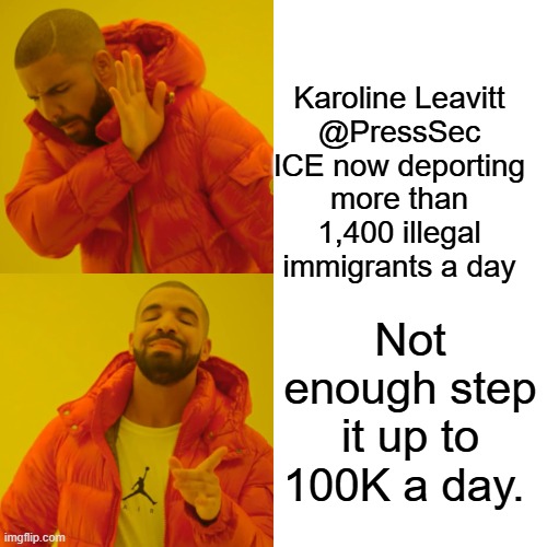 More we need more, do the phony refugees Barry brought in from Muslim countries NEXT. | Karoline Leavitt

@PressSec
ICE now deporting more than 1,400 illegal immigrants a day; Not enough step it up to 100K a day. | image tagged in memes,drake hotline bling | made w/ Imgflip meme maker