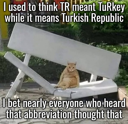 cat on broken bench | I used to think TR meant TuRkey
while it means Turkish Republic; I bet nearly everyone who heard
that abbreviation thought that | image tagged in cat on broken bench | made w/ Imgflip meme maker