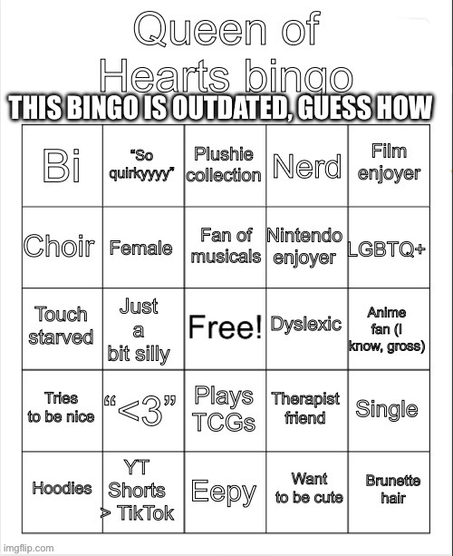 No it’s not just because it says Queen of Hearts which I don’t go by anymore | THIS BINGO IS OUTDATED, GUESS HOW | image tagged in queen of hearts bingo | made w/ Imgflip meme maker