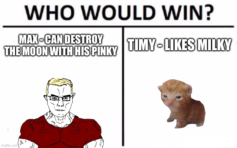Max vs Timy | TIMY - LIKES MILKY; MAX - CAN DESTROY THE MOON WITH HIS PINKY | image tagged in memes,who would win,cats,kitten,milk carton,simple | made w/ Imgflip meme maker
