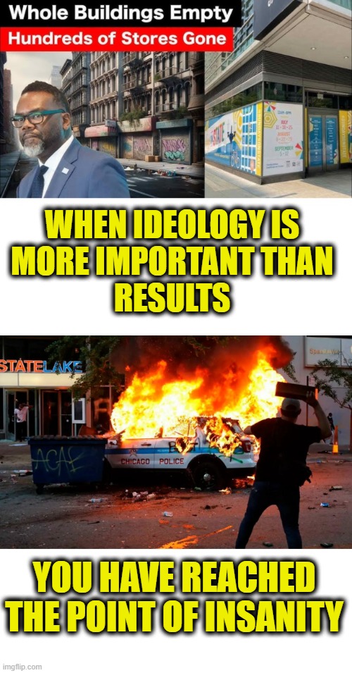 Chicago Leftist Logic | WHEN IDEOLOGY IS
MORE IMPORTANT THAN
RESULTS; YOU HAVE REACHED
THE POINT OF INSANITY | image tagged in leftists | made w/ Imgflip meme maker