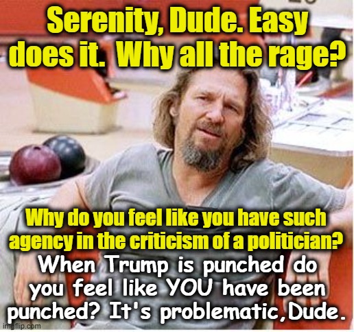 Big Lebowski | Serenity, Dude. Easy does it.  Why all the rage? When Trump is punched do you feel like YOU have been punched? It's problematic,Dude. Why do | image tagged in big lebowski | made w/ Imgflip meme maker