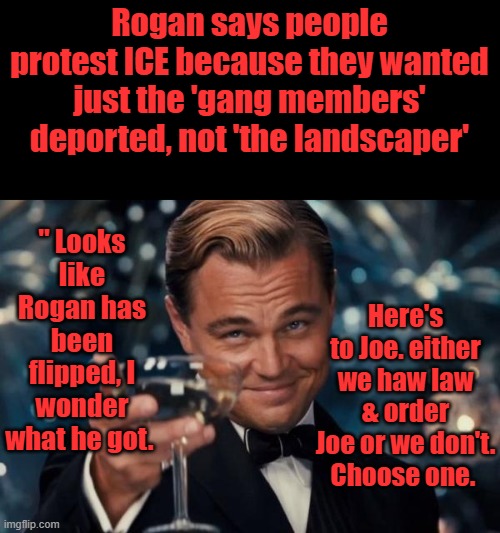 No Joe all law breakers should be deported, Self deport, come back legally. | Rogan says people protest ICE because they wanted just the 'gang members' deported, not 'the landscaper'; " Looks like Rogan has been flipped, I wonder what he got. Here's to Joe. either we haw law & order Joe or we don't. Choose one. | image tagged in memes,leonardo dicaprio cheers | made w/ Imgflip meme maker