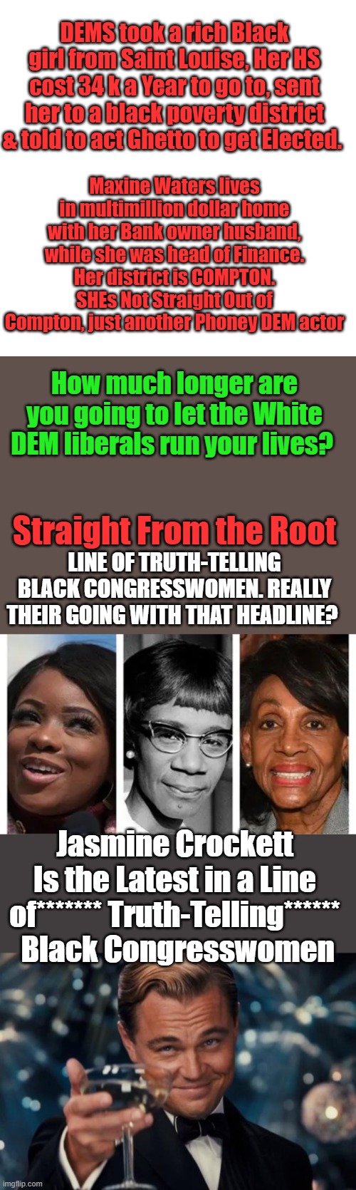 Theres videos of Crockett speaking while in college, go listen to them. And see how DEMs are punking you. Poverty Pimps | DEMS took a rich Black girl from Saint Louise, Her HS cost 34 k a Year to go to, sent her to a black poverty district & told to act Ghetto to get Elected. Maxine Waters lives in multimillion dollar home with her Bank owner husband, while she was head of Finance. Her district is COMPTON. SHEs Not Straight Out of Compton, just another Phoney DEM actor; How much longer are you going to let the White DEM liberals run your lives? Straight From the Root; LINE OF TRUTH-TELLING BLACK CONGRESSWOMEN. REALLY THEIR GOING WITH THAT HEADLINE? Jasmine Crockett Is the Latest in a Line of******* Truth-Telling******  Black Congresswomen | image tagged in memes,blank transparent square,leonardo dicaprio cheers | made w/ Imgflip meme maker