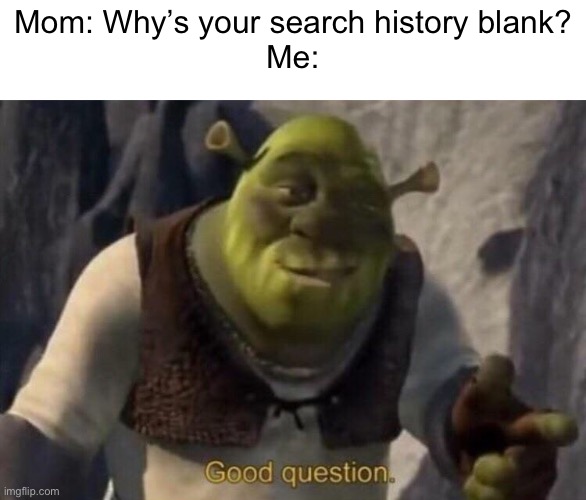 One must ask the real question | Mom: Why’s your search history blank?
Me: | image tagged in shrek good question,sus,who reads these | made w/ Imgflip meme maker