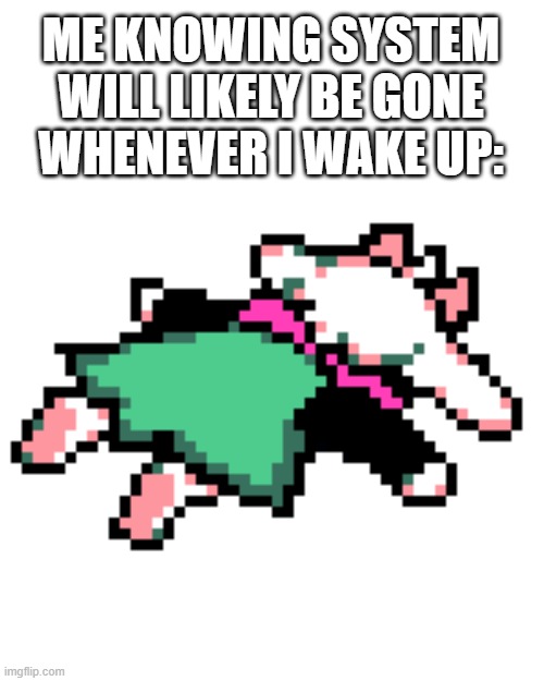 I hate everything | ME KNOWING SYSTEM WILL LIKELY BE GONE WHENEVER I WAKE UP: | image tagged in ralsei squished | made w/ Imgflip meme maker