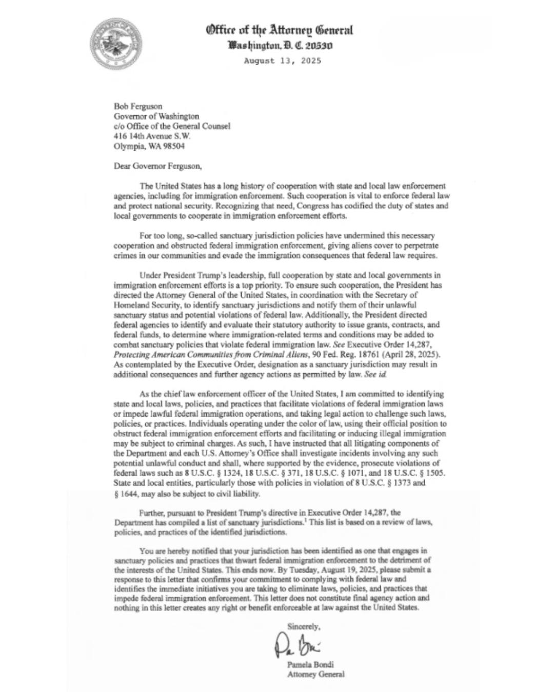 A.G. Pam Bondi's letter to governor of Washington Blank Meme Template
