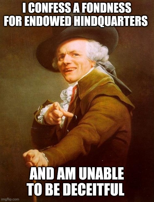 Joseph Ducreux Meme | I CONFESS A FONDNESS FOR ENDOWED HINDQUARTERS; AND AM UNABLE TO BE DECEITFUL | image tagged in memes,joseph ducreux | made w/ Imgflip meme maker