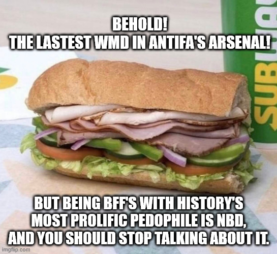 Subway sandwich | BEHOLD! 
THE LASTEST WMD IN ANTIFA'S ARSENAL! BUT BEING BFF'S WITH HISTORY'S MOST PROLIFIC PEDOPHILE IS NBD, AND YOU SHOULD STOP TALKING ABOUT IT. | image tagged in subway sandwich | made w/ Imgflip meme maker