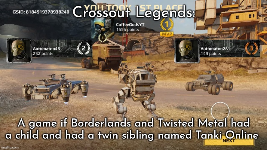 A brand-new game just got released on the Nintendo Switch and it's PEAK! | Crossout Legends:; A game if Borderlands and Twisted Metal had a child and had a twin sibling named Tanki Online | made w/ Imgflip meme maker