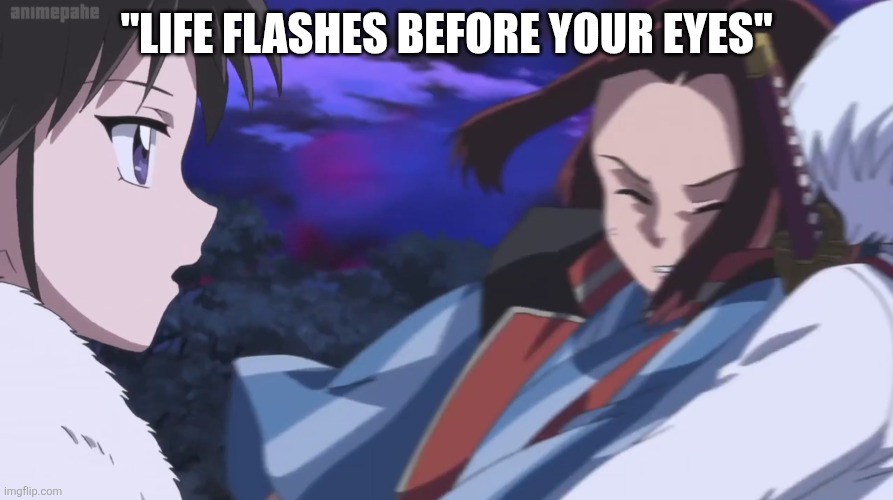 "LIFE FLASHES BEFORE YOUR EYES" | image tagged in yashahime,setsuna,riku,towa,towa higurashi | made w/ Imgflip meme maker