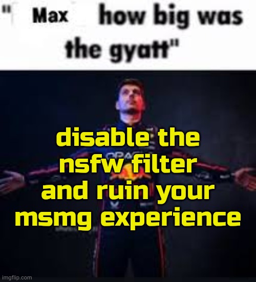 lowtiergod type shi | disable the nsfw filter and ruin your msmg experience | image tagged in max how big was the gyatt | made w/ Imgflip meme maker