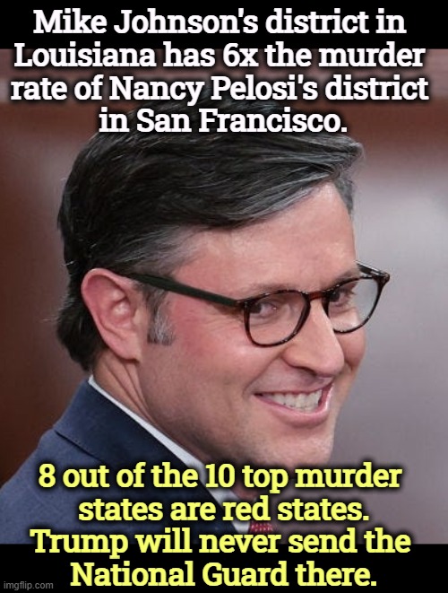 Trump's sending the troops to the wrong states. | Mike Johnson's district in 
Louisiana has 6x the murder 
rate of Nancy Pelosi's district 
in San Francisco. 8 out of the 10 top murder 

states are red states.
Trump will never send the 
National Guard there. | image tagged in mike johnson a nasty sob pretending to do god's work,trump,national guard,blue states,conservative hypocrisy,red states | made w/ Imgflip meme maker