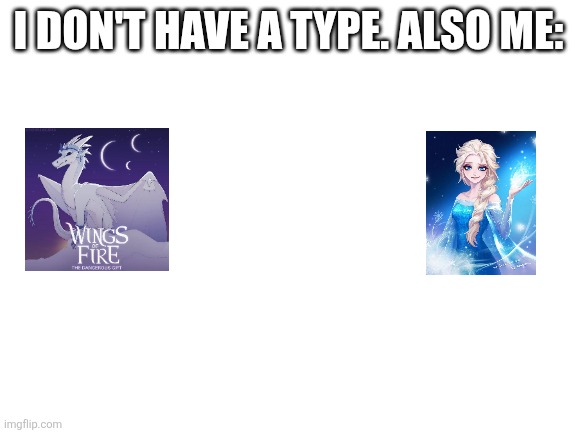 What? They are hot?! (Irony intended) | I DON'T HAVE A TYPE. ALSO ME: | image tagged in blank white template | made w/ Imgflip meme maker