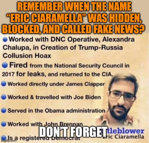 Russiagate cover up, and Impeachment hoax | REMEMBER WHEN THE NAME “ERIC CIARAMELLA” WAS HIDDEN, BLOCKED, AND CALLED FAKE NEWS? | image tagged in gifs,democrat,hoax,corruption,obama biden | made w/ Imgflip meme maker