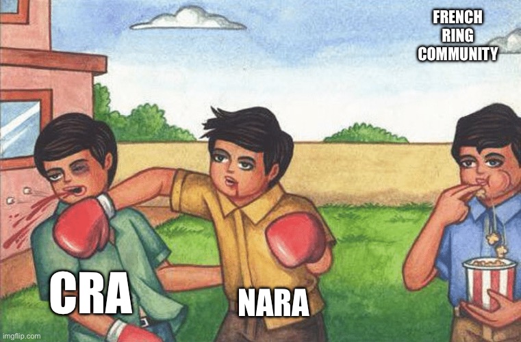 kids fighting, while one watches eating popcorn | FRENCH RING COMMUNITY; CRA; NARA | image tagged in kids fighting while one watches eating popcorn | made w/ Imgflip meme maker