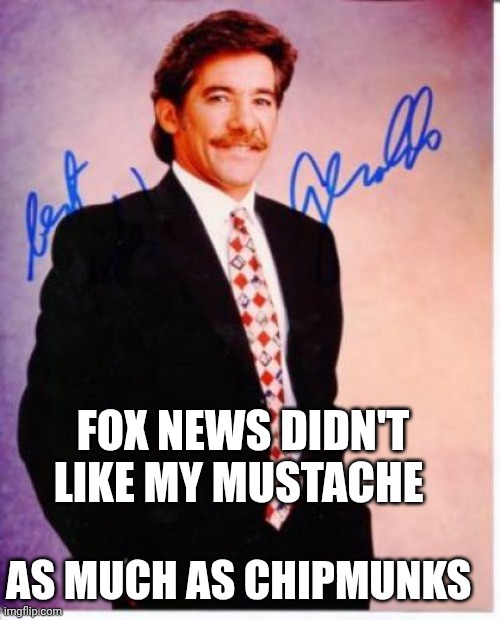 geraldo rivera | AS MUCH AS CHIPMUNKS FOX NEWS DIDN'T LIKE MY MUSTACHE | image tagged in geraldo rivera | made w/ Imgflip meme maker