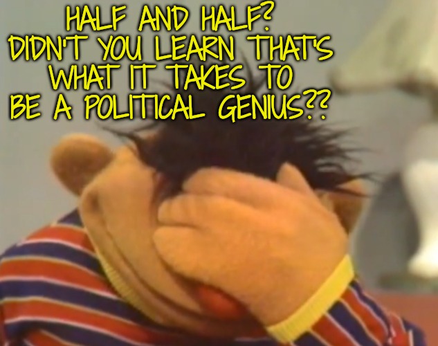 Ernie doh | HALF AND HALF? DIDN'T YOU LEARN THAT'S WHAT IT TAKES TO BE A POLITICAL GENIUS?? | image tagged in ernie doh | made w/ Imgflip meme maker