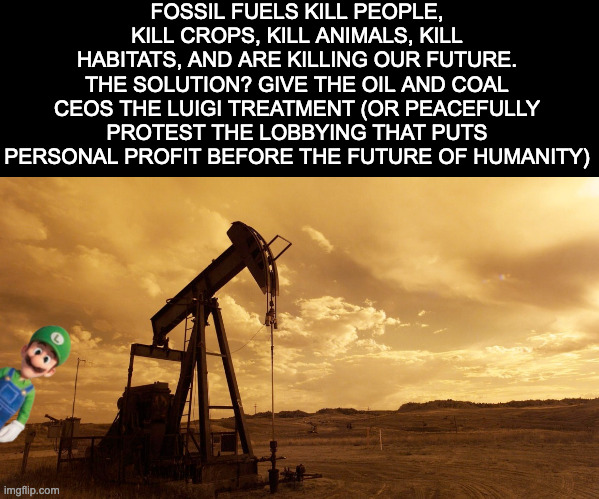 For legal reasons, I do not condone the "luigi" treatment but please do protest the CEOs who put profit before people | FOSSIL FUELS KILL PEOPLE, KILL CROPS, KILL ANIMALS, KILL HABITATS, AND ARE KILLING OUR FUTURE. THE SOLUTION? GIVE THE OIL AND COAL CEOS THE LUIGI TREATMENT (OR PEACEFULLY PROTEST THE LOBBYING THAT PUTS PERSONAL PROFIT BEFORE THE FUTURE OF HUMANITY) | image tagged in politics,oil,coal,fossil fuel,climate change,protest the greedy mfers | made w/ Imgflip meme maker