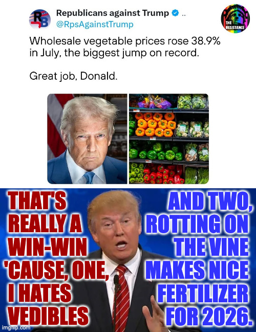 Correction: he loves fries and may take catsup, pickles, and onions on his burgers. | THAT'S 
 REALLY A
 WIN-WIN
'CAUSE, ONE,
 I HATES
 VEDIBLES; AND TWO,
ROTTING ON 
THE VINE 
MAKES NICE 
FERTILIZER 
FOR 2026. | image tagged in memes,trumpflation,republicans against trump,what a country | made w/ Imgflip meme maker