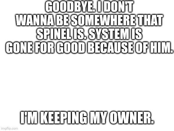 GOODBYE. I DON'T WANNA BE SOMEWHERE THAT SPINEL IS. SYSTEM IS GONE FOR GOOD BECAUSE OF HIM. I'M KEEPING MY OWNER. | made w/ Imgflip meme maker