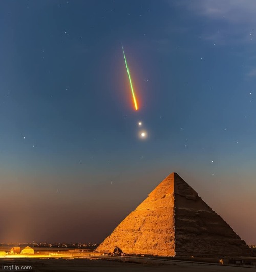 Perseid meteor over the Great Pyramid with Jupiter and Venus. | image tagged in meteor,pyramid,jupiter,venus,together,perfectly timed photo | made w/ Imgflip meme maker