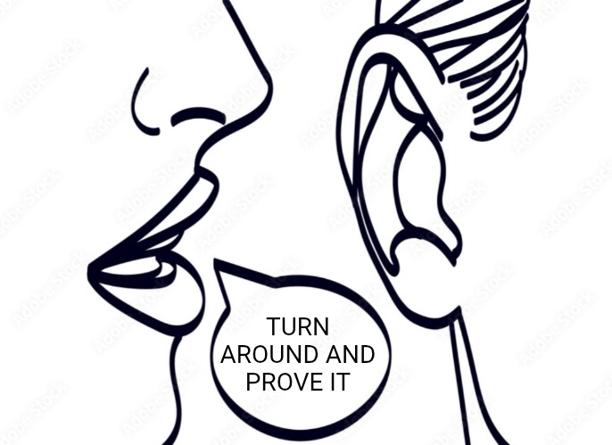 woman whispering into man's ear | TURN AROUND AND PROVE IT | image tagged in woman whispering into man's ear | made w/ Imgflip meme maker